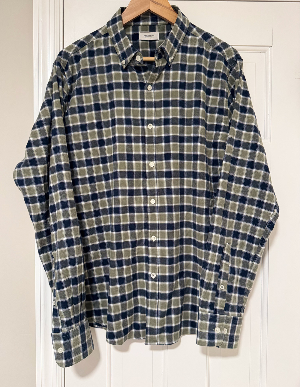 Savannah GA Tencel Stretch Plaid Button Down Shirt Olive & Navy Men Medium Large